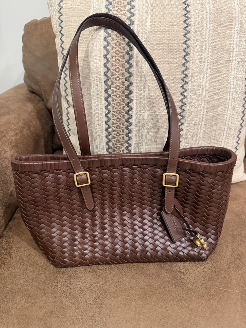 COACH Woven Leather Swing Tote Maple Retail CBF83 $600 - Picture 6 of 14